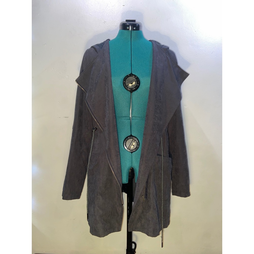 Miss Love Gray Hooded Anorak Jacket Suede Asymmetrical Zip Cloak Boho Minimalist